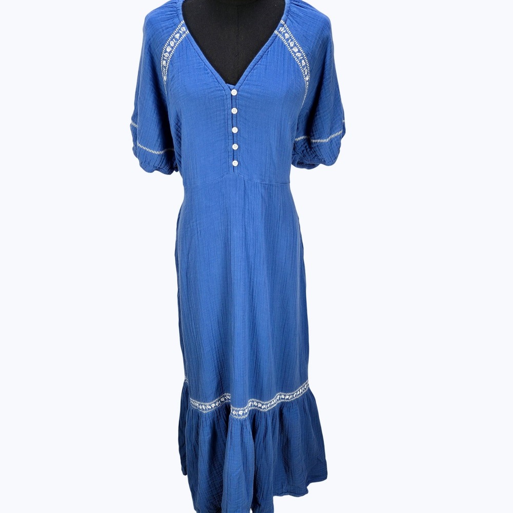 Women's Large Blue Cotton Gauze Embroidered Midi Dress Boho Peasant Old Navy